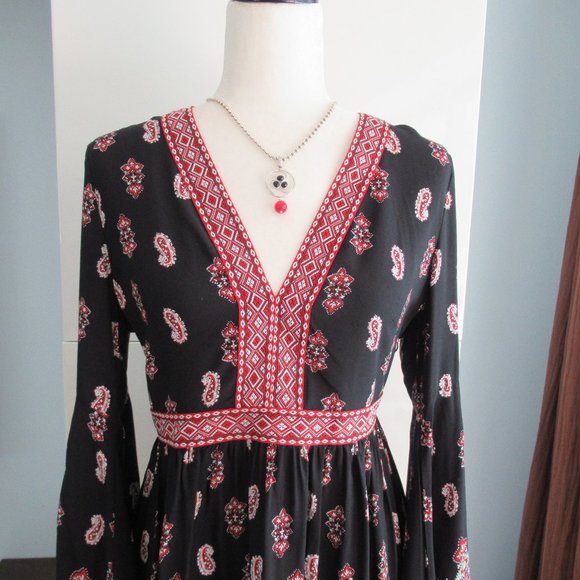 LUNIK Floral Paisley Boho Empire Waist Dress Small Long Sleeve, Black Multicolor - Picture 2 of 15